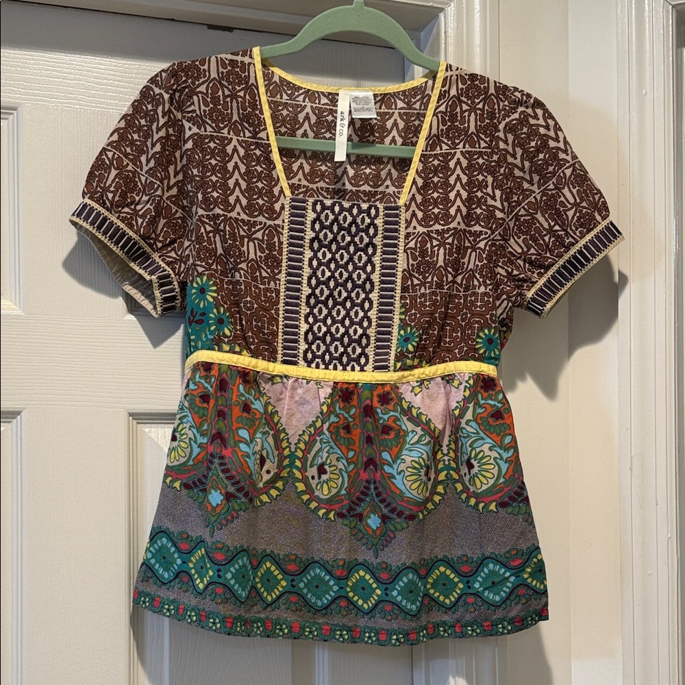 Autumn Boho Back to Class Babydoll Fairy Prairie Embroidered Patterned Blouse L